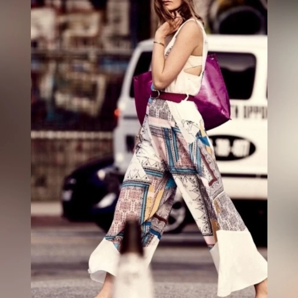 Free People Patchwork V-Neck Wide-Leg Jumpsuit in Cream, Blue, Mustard, Red - Picture 6 of 13